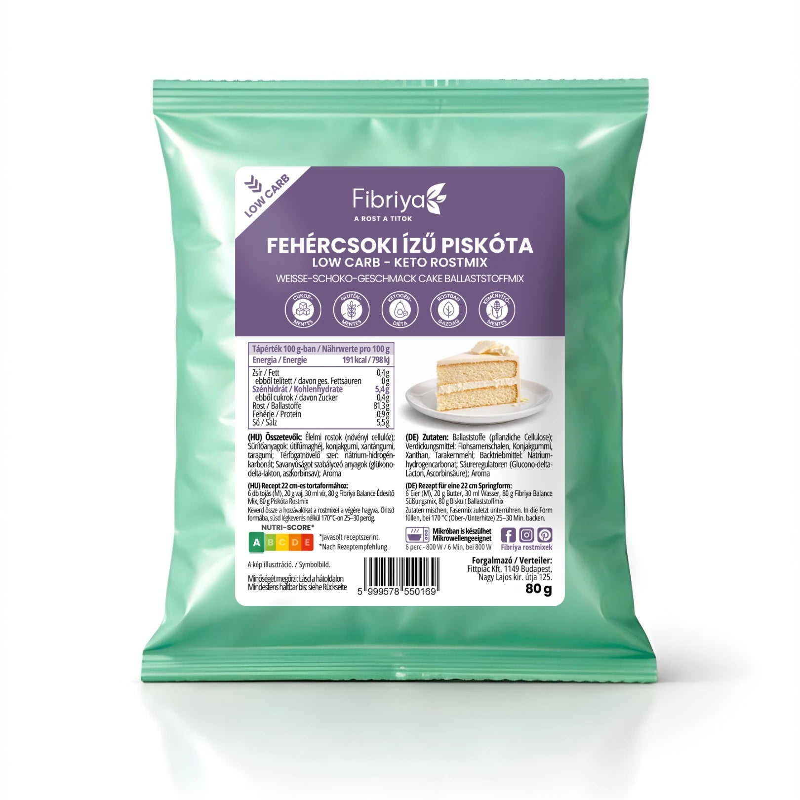 Fibriya Weiße-Schokolade Biskuit – Low-Carb Keto Ballaststoffmix 80g